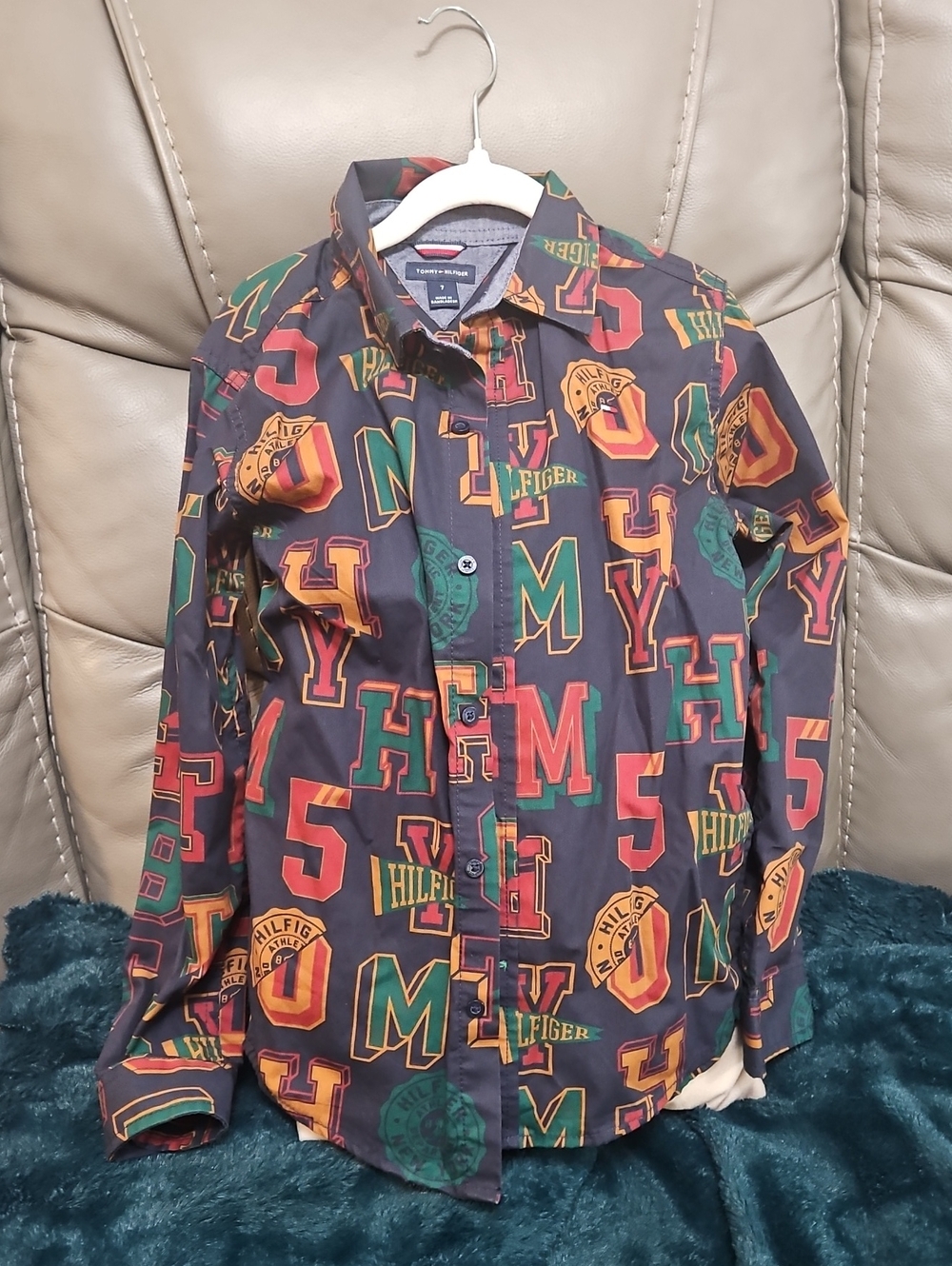 Tommy Hilfiger Kids Navy Button-Down Shirt with Multicolor Logo Print